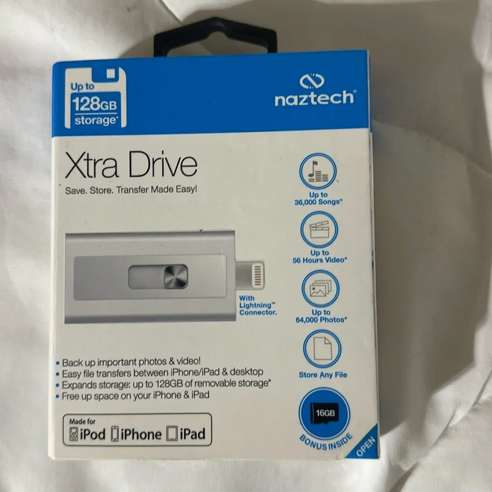 NAZTECH XTRA DRIVE For iPhone/iPad/iPod. 128gb storage with 16gb sd card